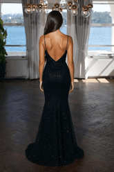 Black Spaghetti Straps Prom Dresses Sequined Mermaid Evening Formal Dresses